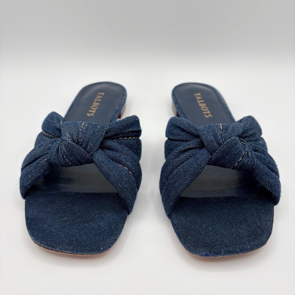 Talbots Violet Knot Slides Denim Sandals Open Square Toe Size 7 Comfort Cute